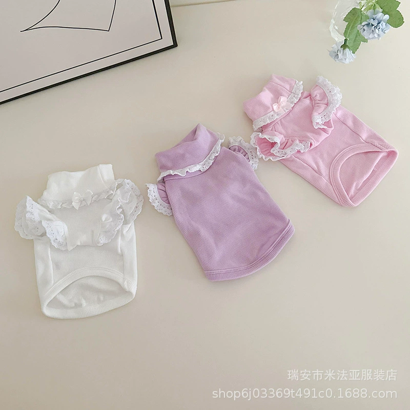 Одежда для кошек и собак Mifaya на весну и осень, кружевная хлопковая трикотажная рубашка в рубчик с летучими рукавами и бантом и жемчугом