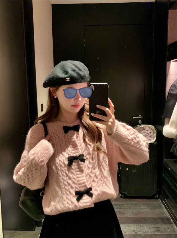 杨小卷 法式蝴蝶结软糯厚毛衣女复古麻花针织外套小香风甜美上衣|undefined