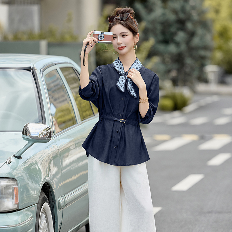 轻熟风系带收腰衬衫阔腿裤套装女2025秋新款气质洋气显瘦两件套|undefined