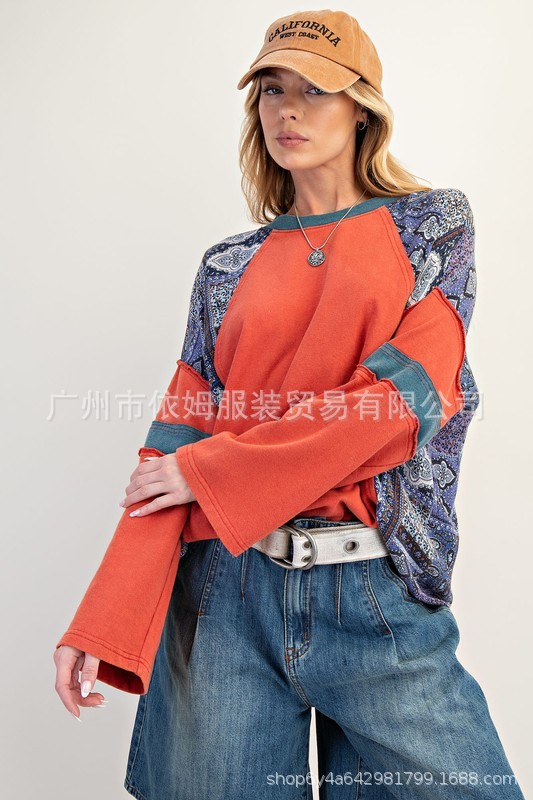 Amazon 25 秋の新作クロスボーダーヨーロッパとアメリカの服プリントパッチスプライシングスウェットシャツプルオーバーラウンドネック長袖トップ|undefined