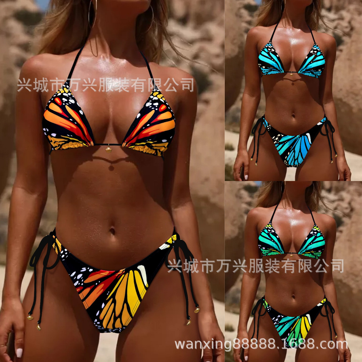2025 European and American Fashion Sexy Bikini Vacation Butterfly Print Tie Bikini Three-Point New Swimsuit for Women