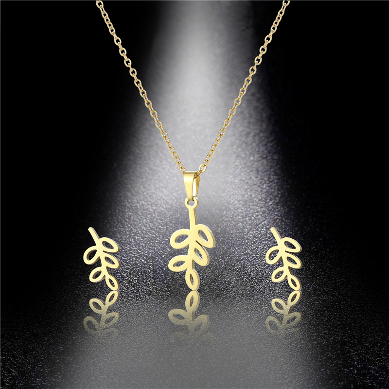 fashion leaf pendant stainless steel necklace earrings set