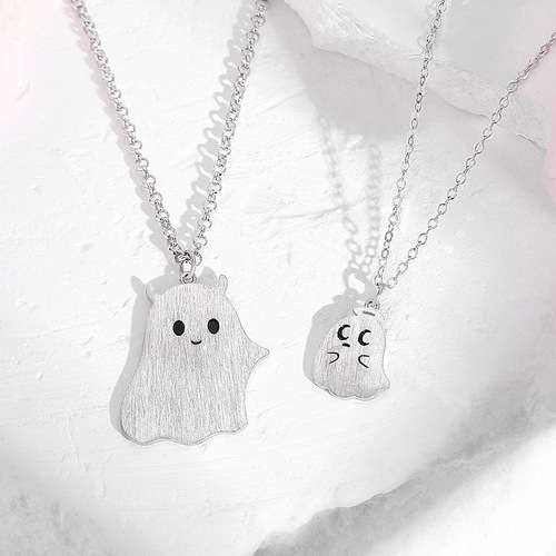 Original little ghost couple necklace sterling silver sweet cool style personalized niche clavicle chain cartoon pendant Halloween gift
