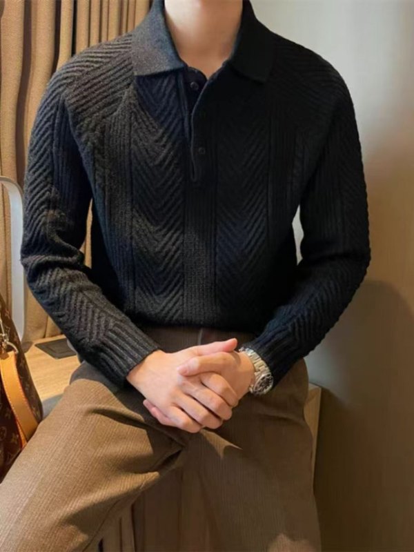 时尚秋冬新款针织衫提花男士复古翻领纯色麻花POLO衫套头毛衣男装|undefined