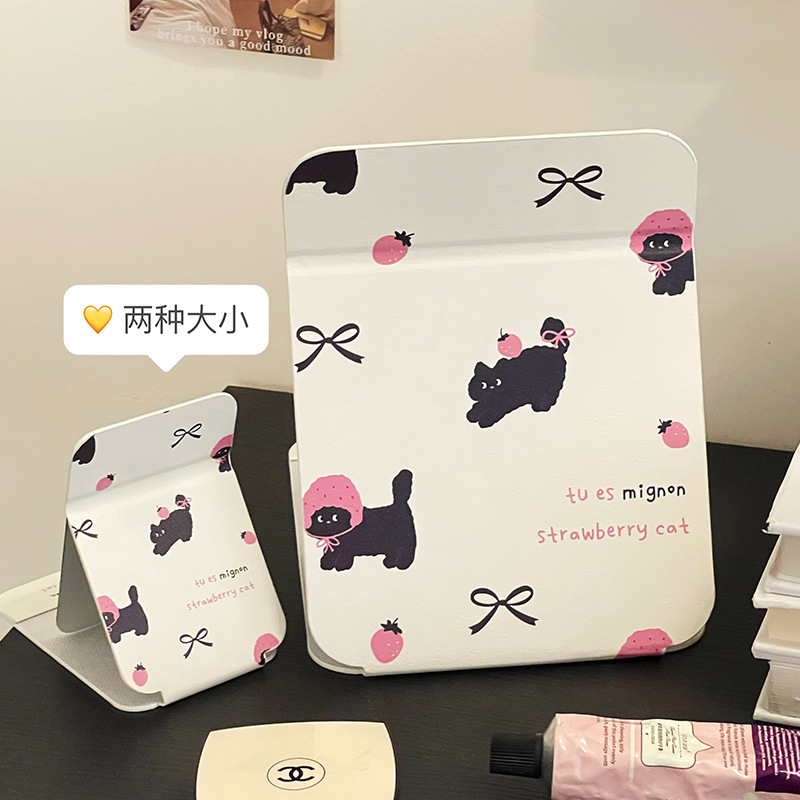 Espejo plegable de gato lindo original, dormitorio de estudiantes, espejo de maquillaje para el hogar, espejo de tocador de escritorio, portátil