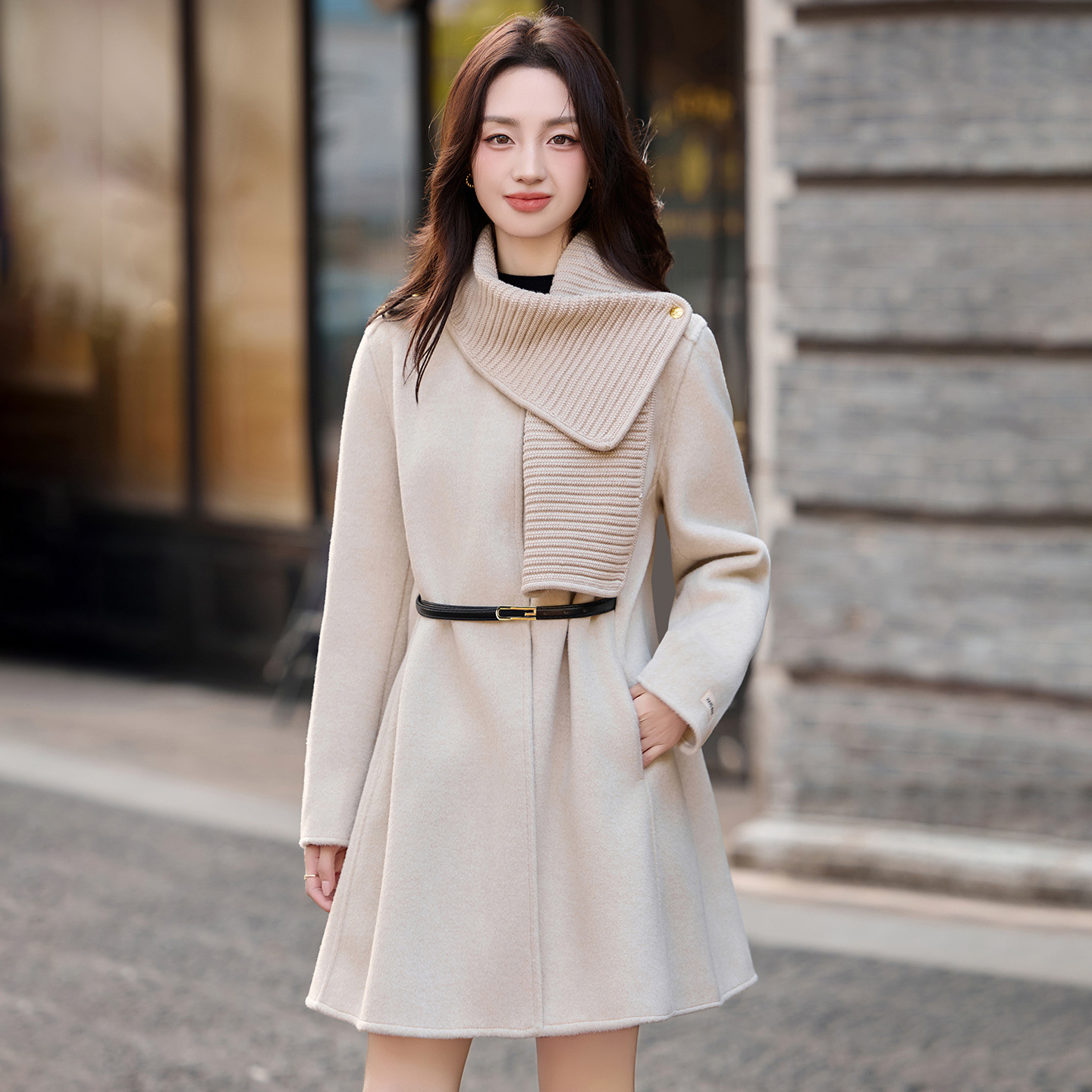 Ready-Made Hand-Sewn Winter Warm New Fashion Cape Detachable Scarf Double-Sided Wool Coat with Belt Scarf