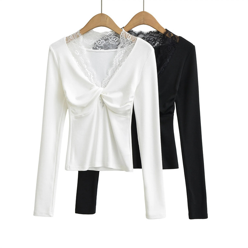 Pure Spice Girl fleece-lined Lace Stitching Waist V-Neck Long Sleeve T-Shirt Autumn and Winter New Stretch Slim-Fit Slimming Base Shirt
