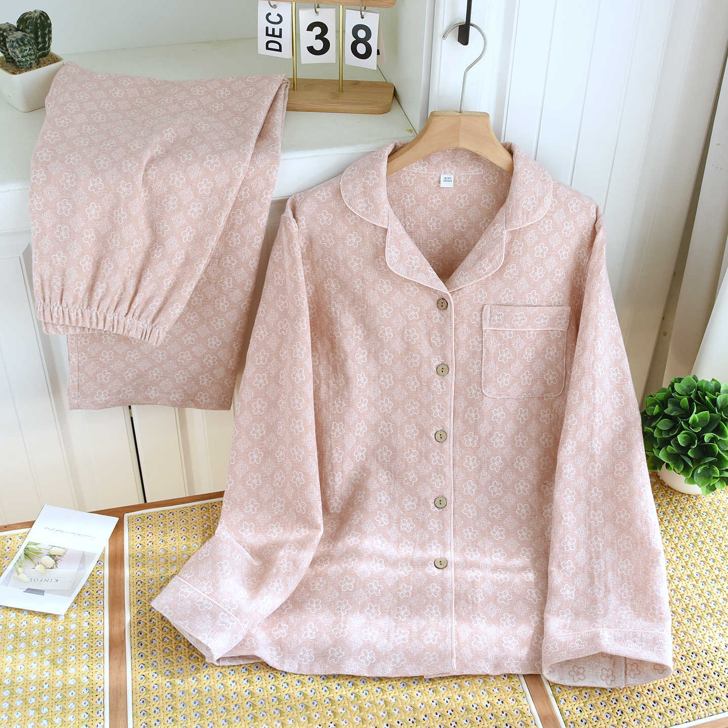 Jacquard gauze women's long set-Junying dark pink
