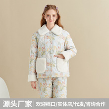 冬季新款睡衣女珊瑚绒三层夹棉印花加厚保暖法兰绒女士家居服套装