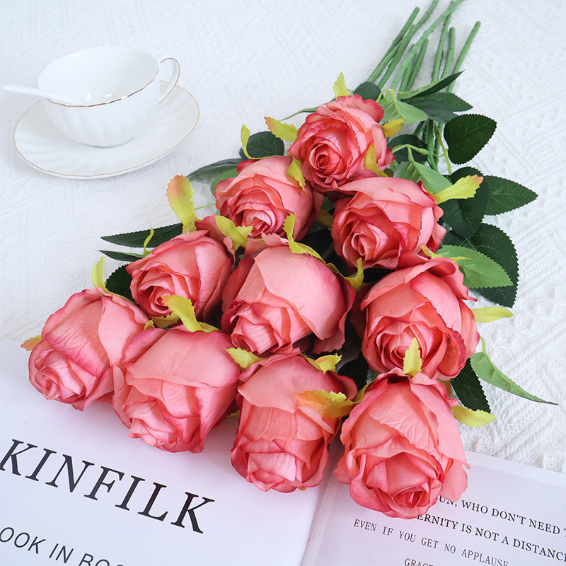 Rosas búlgaras de alta calidad imitación de seda ramo de flores falsas decoración de decoración de la mesa interior de la sala de estar