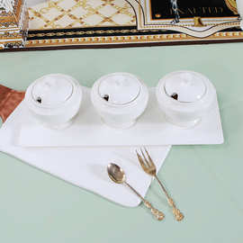 欧式风格白色陶瓷麦穗家居调味罐套装 纯色三件套带托送瓷勺 尾单
