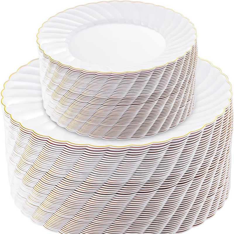 25 Pack Ivory Scalloped Plastic Disposable Dinner Plate with Gold Edge Beige Rose Gold Lace Plate