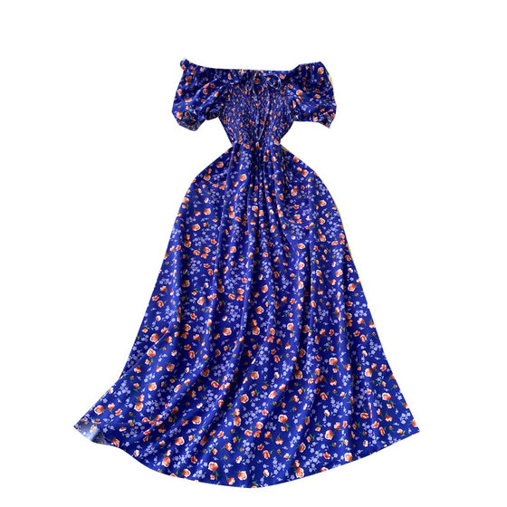 Fresh Style French Retro Fairy Slimming Floral Dress High Waist Drawstring Pleated Waist Slimming Long Dress