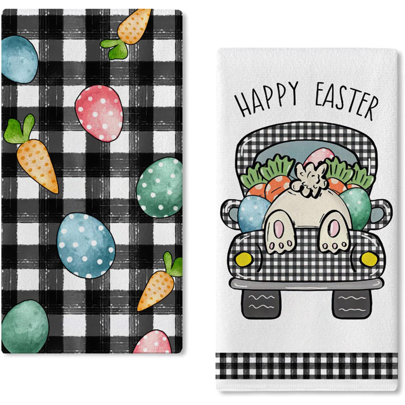 Happy Easter truck black buffalo plaid kitchen dish towel rabbit egg dot tea bar hand dry baking cloth