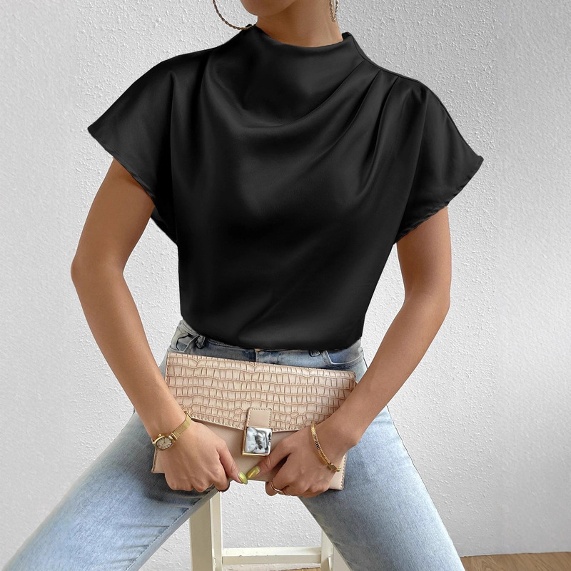 2025 New European and American Cross-Border Batwing Sleeve Satin Shirt Batwing Sleeve Fashion Elegant