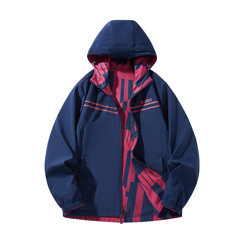 Outdoor Reversible Jacket for Women, Hooded Windproof Jacket, Fashionable Camouflage Mountaineering Clothing, Travel Group Wear with Printed Logo