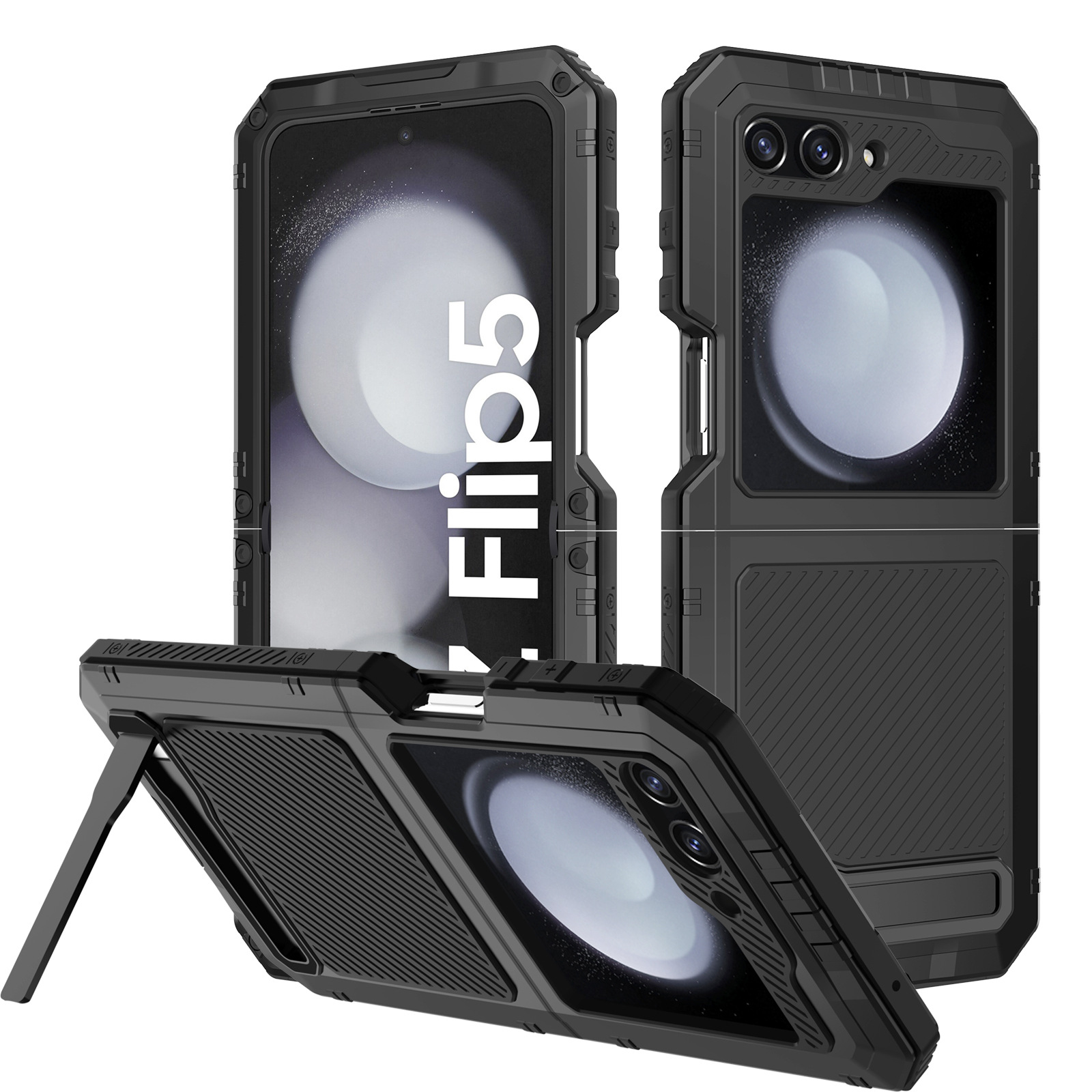 Ốp lưng Samsung Z Flip5/Flip4 kim loại gập toàn bộ chống rơi có giá đỡ — Đen, Đỏ