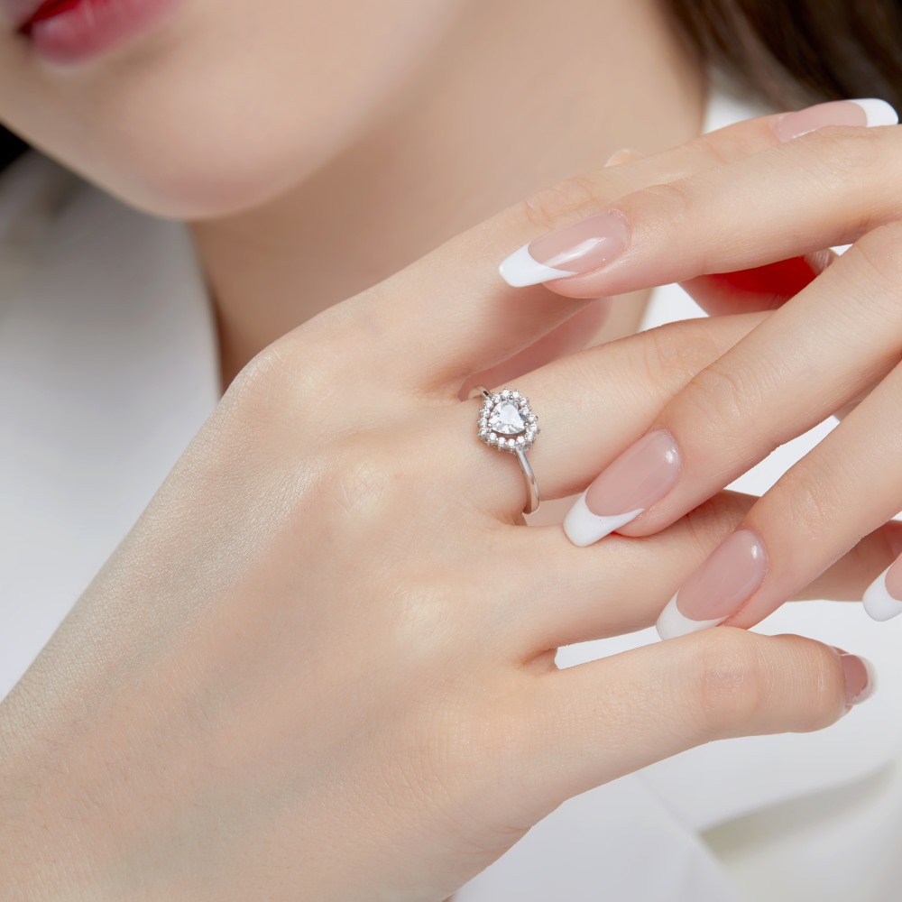 Adjustable Ring Size 925 Sterling Silver Zircon Heart Shape Open Rings