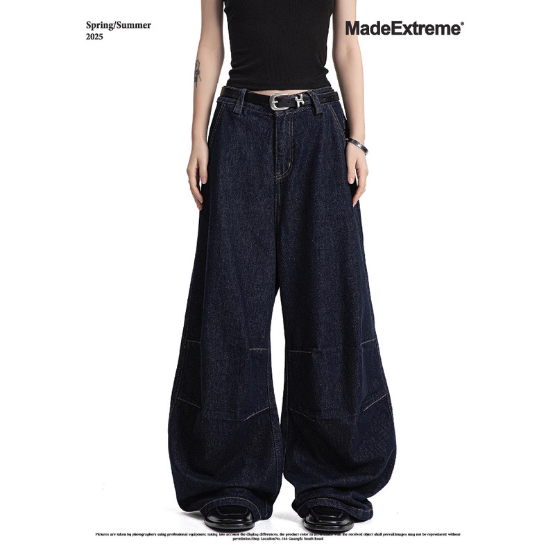 MADEEXTREME Knee Pleated Wide Leg Machete Pants Retro Baggy Draped dark blue Jeans for Men and Women