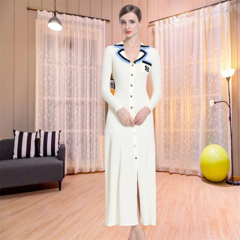 French-Style S Brand Autumn and Winter New European and American Long Dress with Embroidery, Polo Collar, Long Sleeves, Knitted Slit Dress, Waist-Cinching Women's Clothing