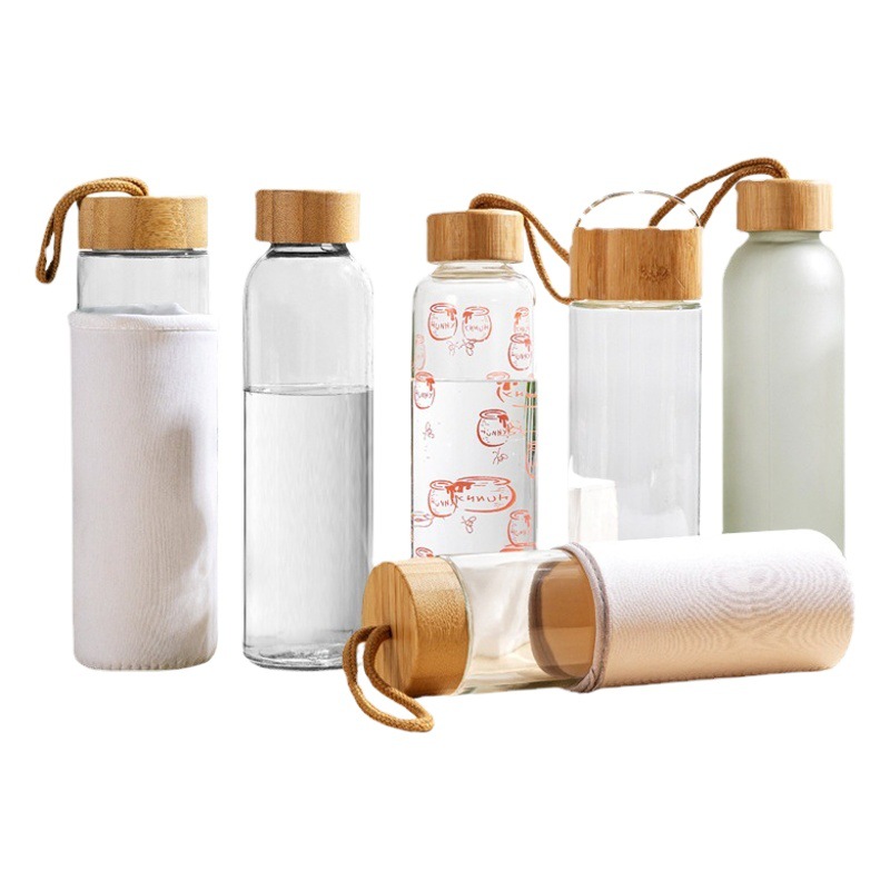 TikTok taza de agua creativa borosilicato taza de palo taza de bambú cubierta de vidrio Deportes botella de agua de una sola capa de vidrio portátil
