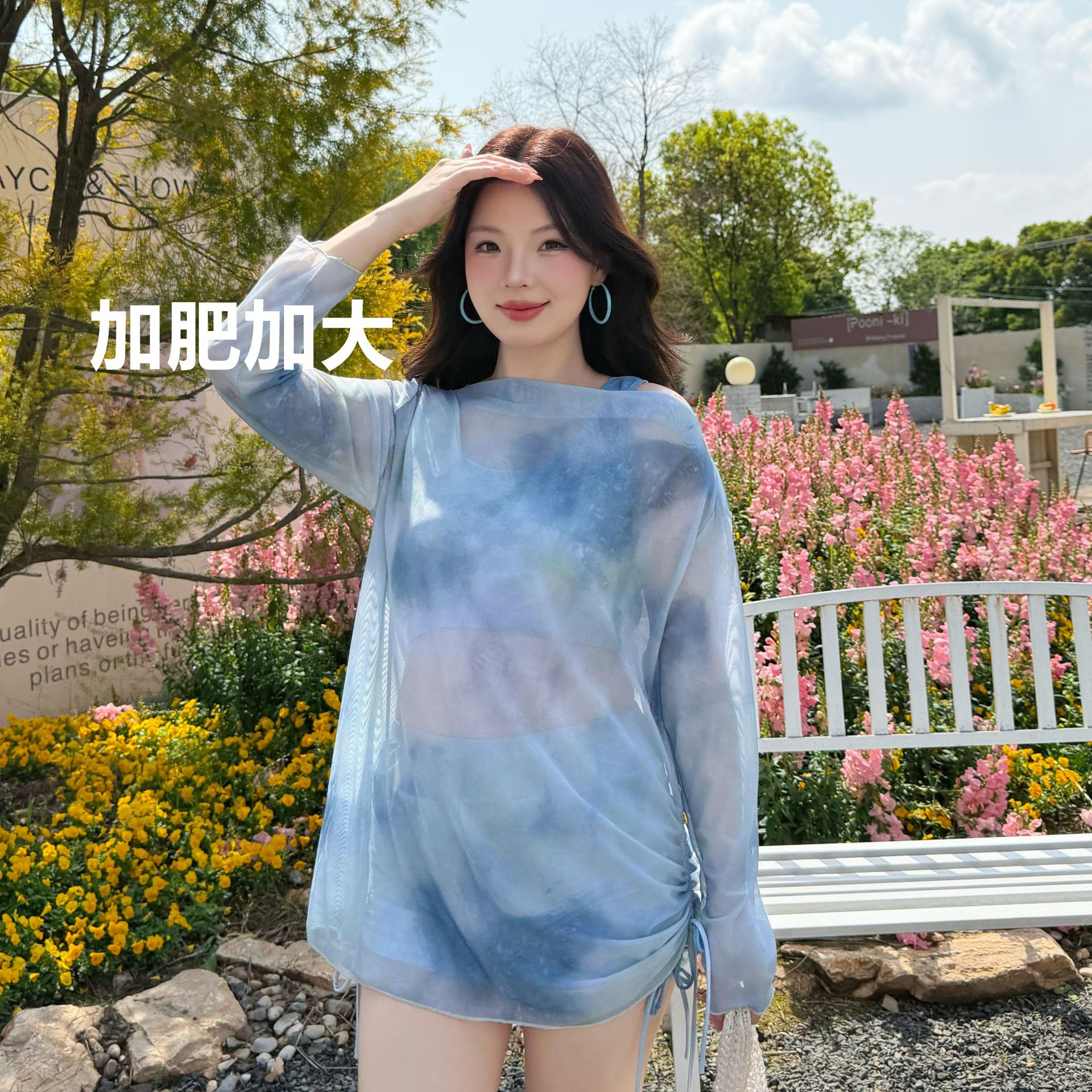 Polyester swimsuit for women, plus size, three-piece set for hot springs, long-sleeved, extra-large, slimming swimsuit