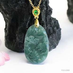 As soon as Yu natural A goods jade pendant blue water landscape brand necklace jade jewelry live wholesale FC4112903