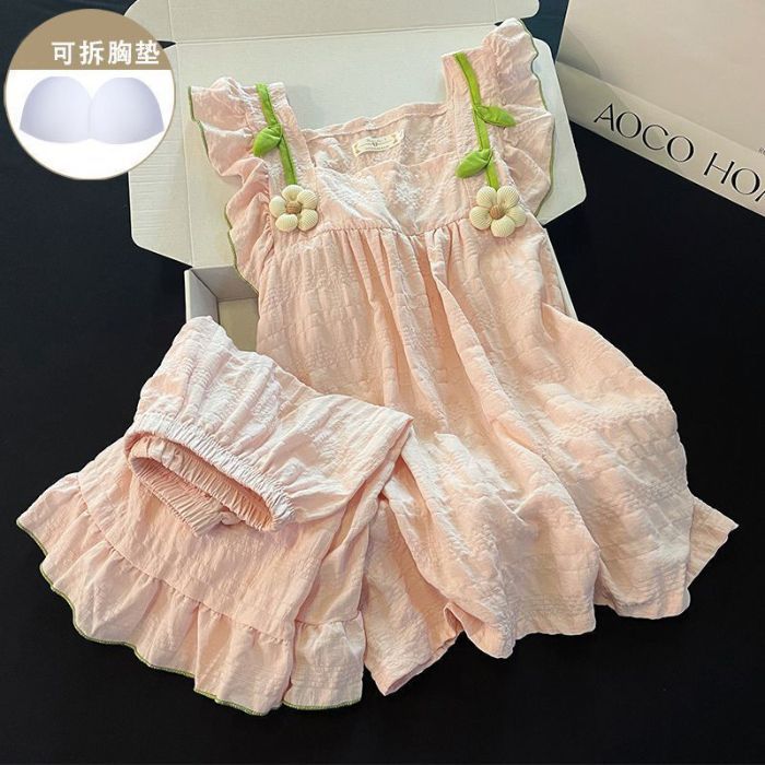 Venta al por mayor transfronteriza de verano con almohadilla para el pecho pijamas de algodón de nube pantalones cortos de manga corta para mujer estilo palacio conejo color sólido traje de servicio a domicilio
