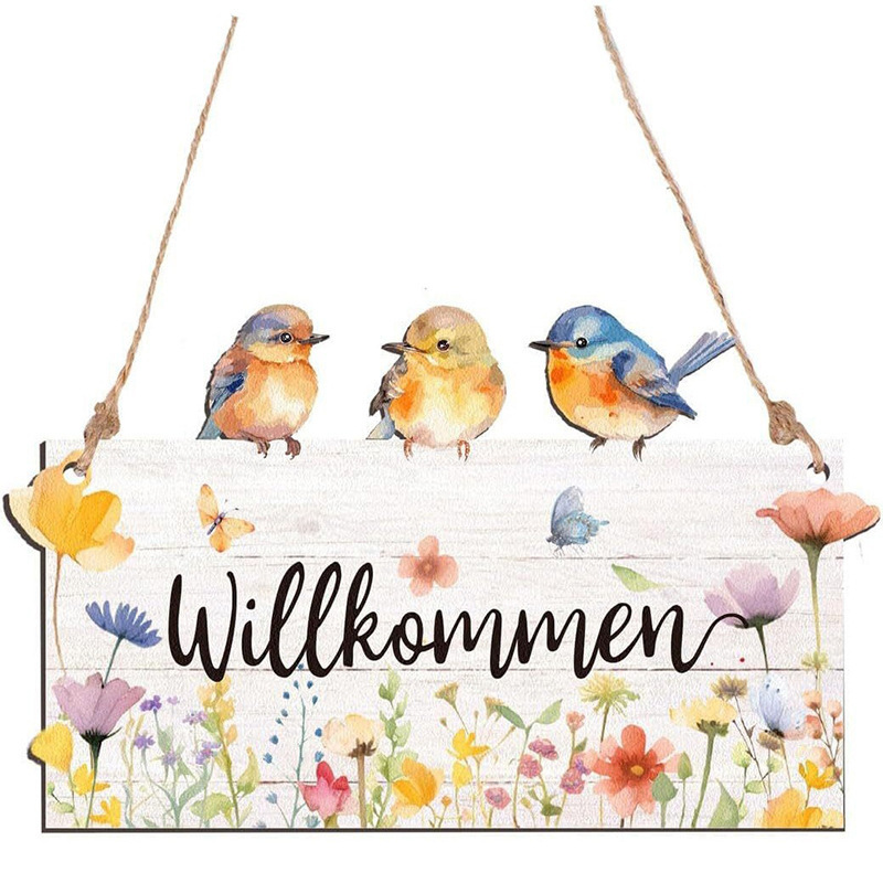 Cross-border Creative New Product Bird Sign Doorplate Welcome Front Door Decoration Spring Doorplate Wooden Welcome Sign Retro Home