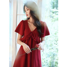 大码敬酒服新娘孕妇结婚平时可穿回门夏季小个子酒红色订婚礼服裙