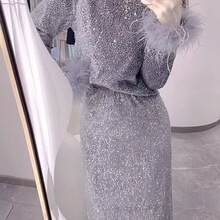 小洋装高级感富家千金韩剧小香风亮片羽毛套装裙春秋装搭配一整套