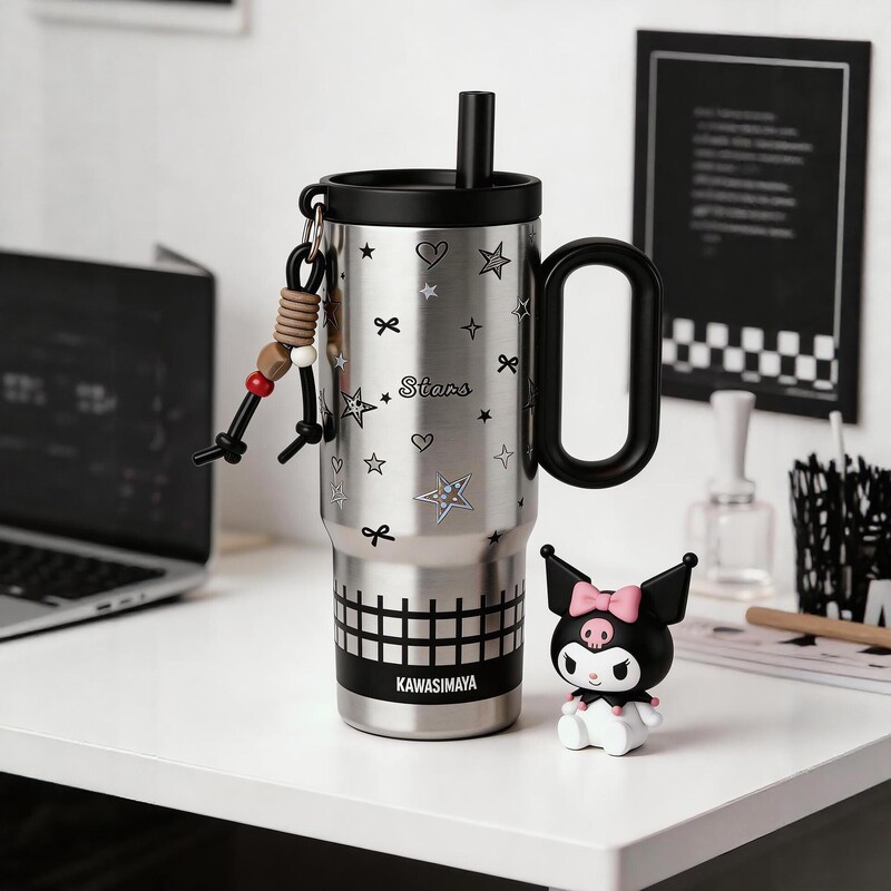 Giant 316 stainless steel insulated cup with cartoon straw and handle, keeps drinks cold or hot, suitable for car and office use Giant 316 stainless steel insulated cup with cartoon straw and handle, keeps drinks cold or hot, suitable for car and office use