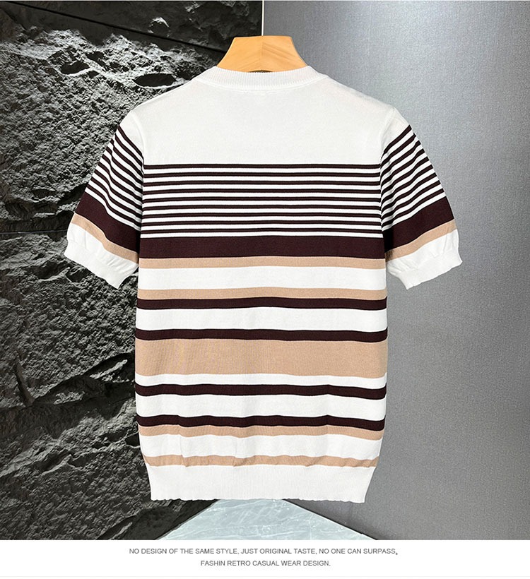 Herren Slim Fit Strickpullover Gestreift Business Kurzarm Shirt_voghion.com
