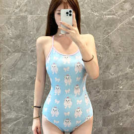 卡通小猫连体三角竞速游泳衣女学生保守低叉双层带胸垫游泳馆训练