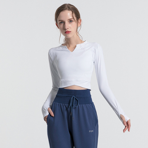 Cross-border tight-fitting women's elastic slimming yoga top long-sleeved running training fitness top feminine midriff-baring