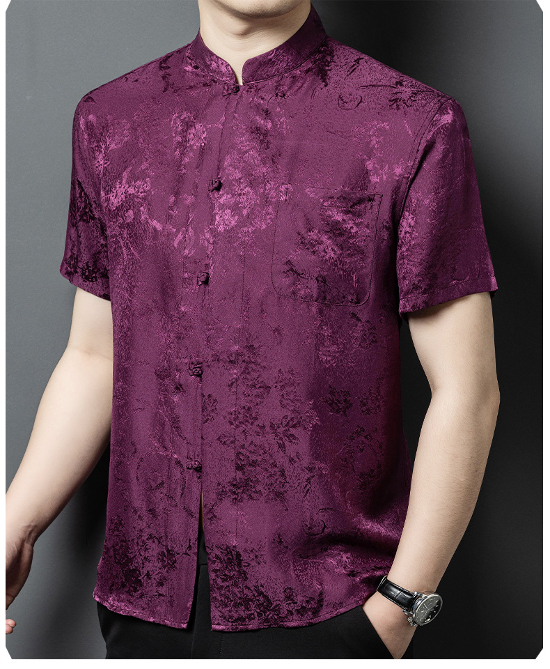 Áo sơ mi nam cổ đứng tay ngắn chất lụa tơ tằm jacquard phong cách Trung Hoa — Màu xám 25169 chi tiết 14