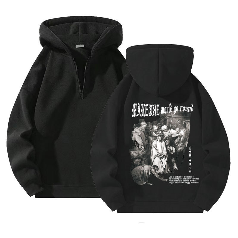 Black Women's Retro Letter Sweatshirts Fashion Double-Sided Printing Printed Quarter Zip Fleece Sweatshirt