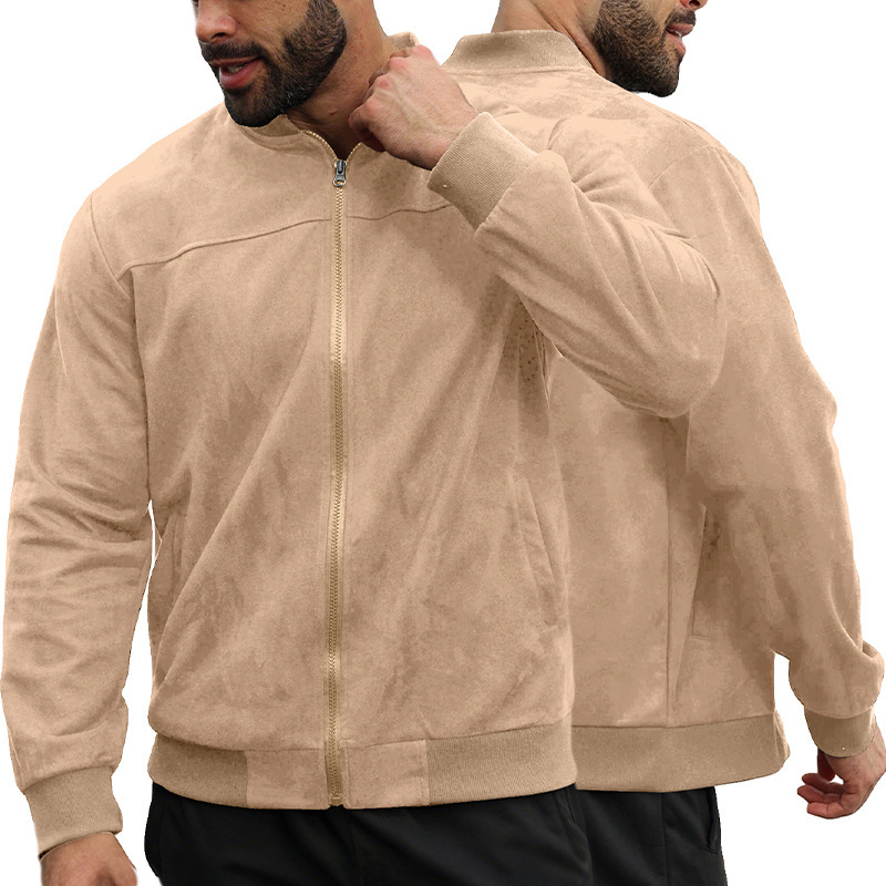 Cross-Border Amazon Autumn Suede Solid Color Men's Zipper Jacket Casual Retro Long-Sleeved Cardigan Jacket for Men