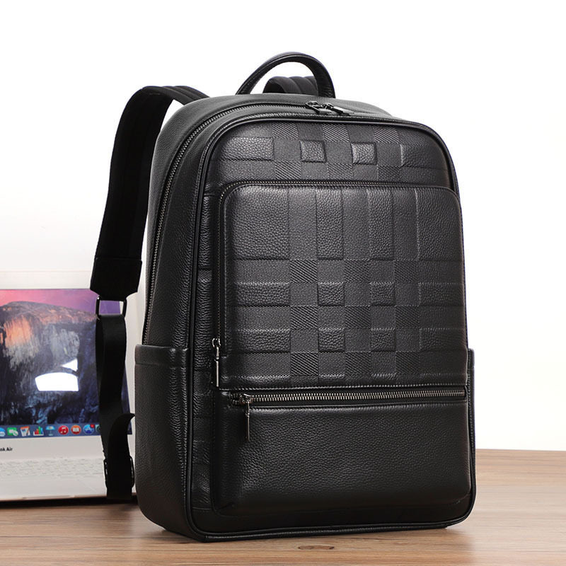 Ba lô nam da bò thật sức chứa lớn, ngăn laptop 16 inch, kiểu dáng sọc, dùng đi làm và du lịch — Màu đen