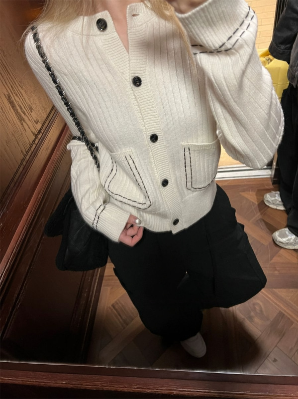 ski byTannn赤兔杜松子手工撞色钩边毛衣开衫休闲显瘦针织衫秋冬|undefined