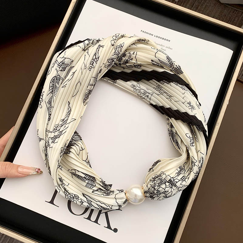 Hebilla de succión magnética collar de perlas bufanda de seda larga y estrecha bufanda de cuello femenino con camisa bufanda fina bufanda de seda plisada bufanda
