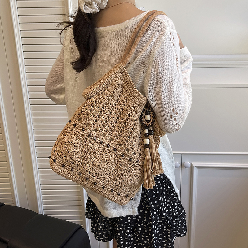 Women's Woven Beach Bag - Large Capacity Casual Tote For Seaside Vacation, Elegant Lazy Style Commuter Bag - Thumbnail 2