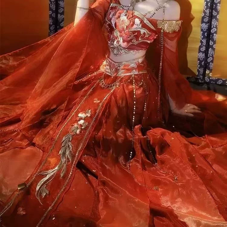 Оригинальный стиль Hanfu экзотический девичий градиентный принт вышивка Западный регион Dunhuang Dance Heavy Industry Flying Easy Set