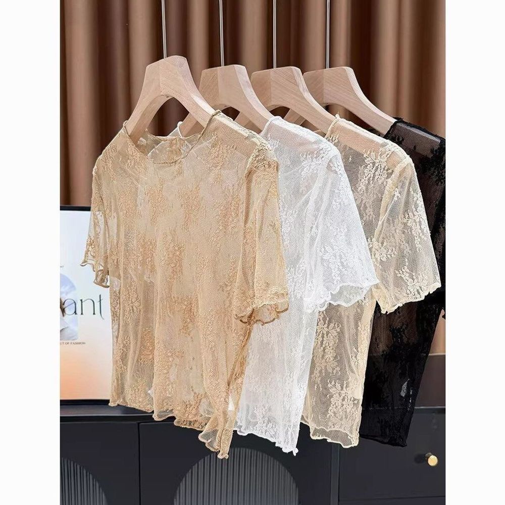 Lace see-through mesh sexy base layer T-shirt for women, summer, paired with suspender dress, short-sleeved inner layer, gauze design.