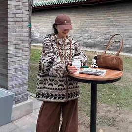 费尔岛摇粒绒外套女 2025冬新款韩系宽松休闲连帽加厚保暖棉服