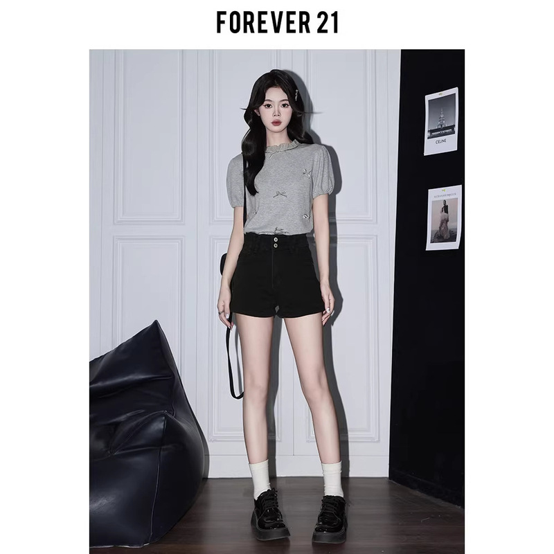 Forever21 American-Style Spicy Girl Black High-Waisted Denim Shorts for Women, Summer Design, A-Line, Pear-Shaped, Hip-Hugging Hot Pants