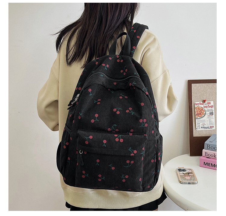 1197g Weight Polyester Lining Material Zipper Closure Type Double Shoulder Straps Strap Type Casual, School, Daily Occasion Corduroy Material Back To School Festival School Backpack Backpack Cherry Pattern All Seasons Season Women's Gender Cute Style Shell Shape Cherry Casual School Daily School Backpack 15