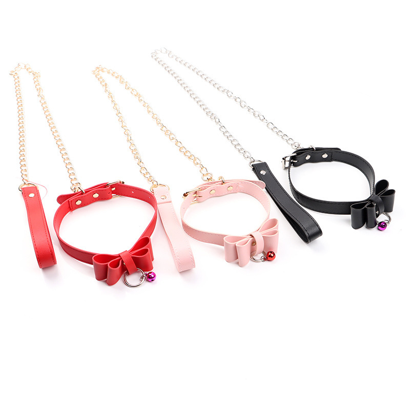 PU Bow Collar and Leash Set with Bell, SM Bondage Training Prop — detail image 4