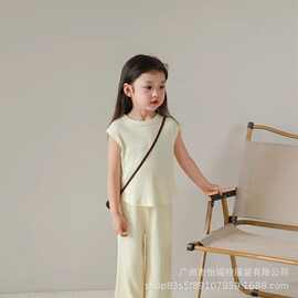 2026夏季新款女童冰丝纯色套装夏季无袖背心上衣长裤洋气两件套装