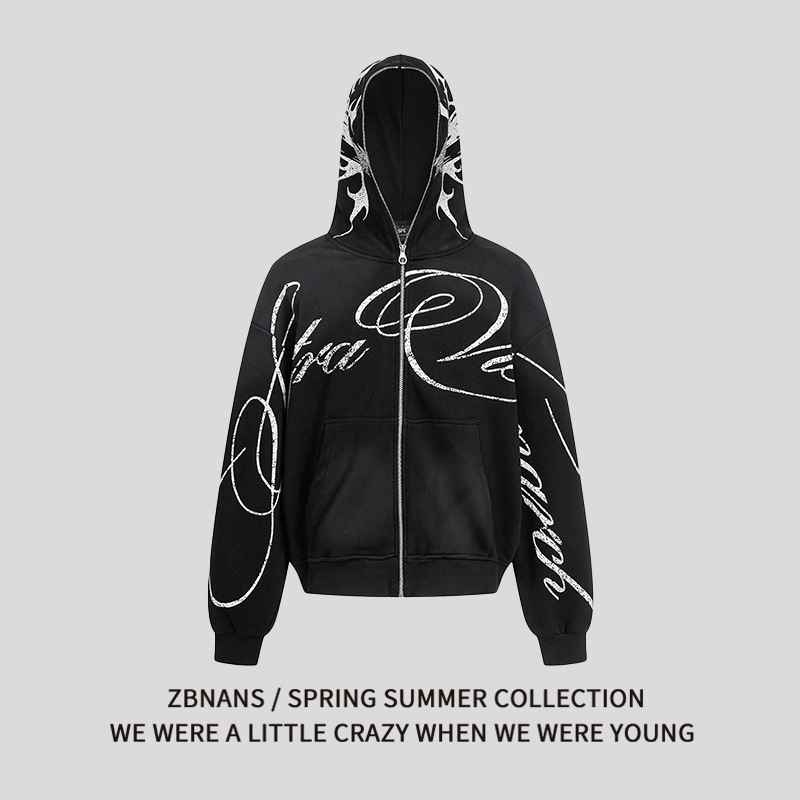 Trendy Subculture Graffiti Print Hooded Cardigan Sweatshirt for Men and Women in Autumn and Winter Loose Casual Couple Zipper Jacket
